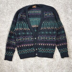 Alps Cardigan Sweater Mens Medium Fair Isle Wool Blend 90s Grandpa USA Black